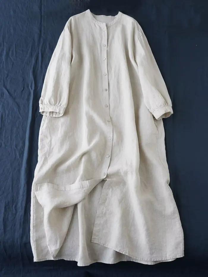 Robe longue en coton et lin, col montant artistique, chemise longue, en pur lin, coupe ample, 2025