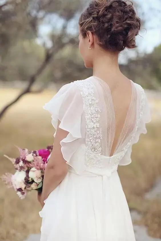 Robe de Mariée Bohème Hippie Personnalisable Plage Dos Nu En Mousseline De Soie Pour Femmes Enceintes Occasions Spéciales
