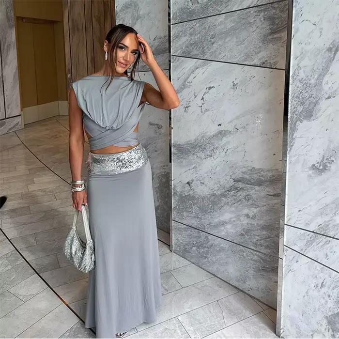 Jupe longue chic pour femmes élégante sans manches dos nu révélatrice du nombril vêtement de fête club nouvelles tenues
