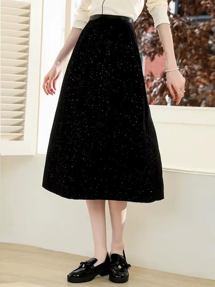 Je vous crois noir paillettes plissé a-ligne jupe 2025 automne élastique taille haute jupes rétro trajet parapluie