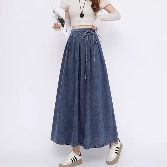 Corset à lacets Midi jupes longues femmes printemps été Style coréen Vintage taille haute Jean jupe a-ligne à volants