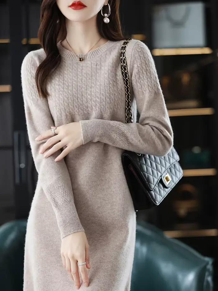 Robe en laine pure tricotée col rond longueur aux genoux pour femmes style bureau dame automne hiver occassions spéciales