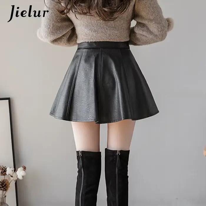 Jupe plissée Jielur en simili cuir pour femmes, élégante et polyvalente, idéale pour toutes les saisons, coupes régulières, tour de taille empire, mini longueur, polyester et simili cuir, multiple couleurs et tailles disponibles