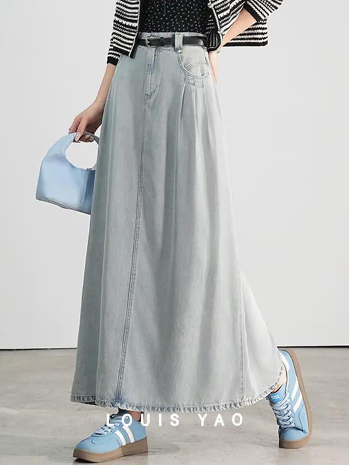 LOUIS YAO jupe longue en Denim délavé 2025 printemps Lyocell tissu demi-longueur robe à la mode taille haute