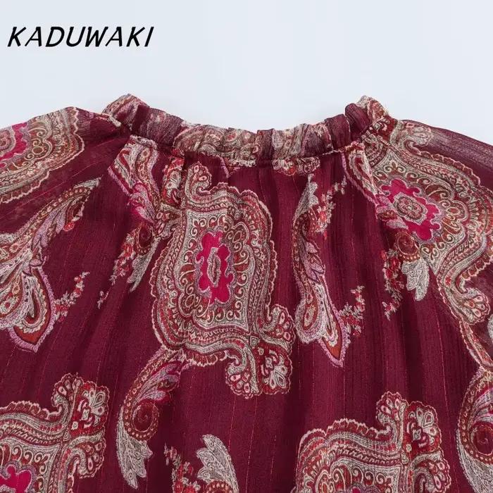 KADUWAKI femmes Robe longue mode vacances Style lanterne manches à lacets cou robes mi-longues bohème été imprimé