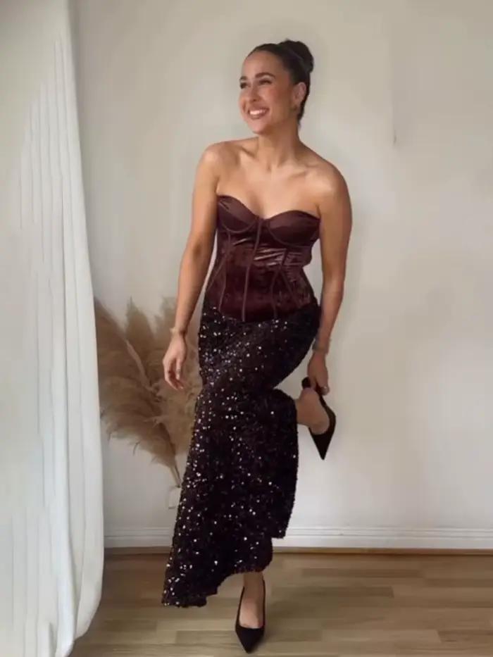 HH tendance femmes mode d'été élégant jupes de fête solide taille haute paillettes décoration fente femme Sexy mince