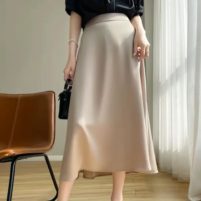 Jupe mi-longue trapèze en satin acétique pour femme, décontractée, coupe slim, idéale printemps-été, rayonne et élasthanne, tailles M, L', XL, XXL