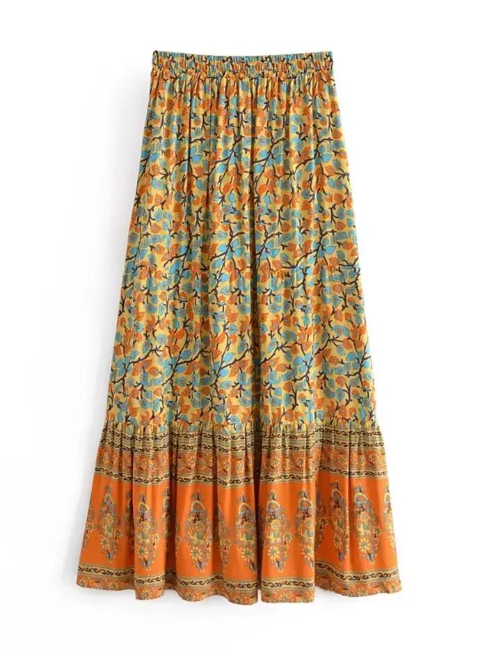 Vintage Chic Hippie femmes jaune imprimé fleuri plage bohème jupe haute taille élastique rayonne coton a-ligne Boho Maxi