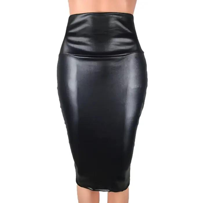 Mode élégante taille haute fendu Faux cuir jupe femmes genou longueur moulante