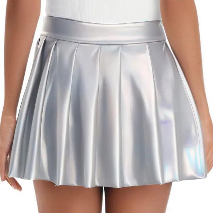 Mini jupe courte plissée métallique brillante pour femmes