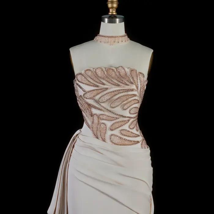 Robe de soirée longue perlée de luxe Sharon Said avec jupon plissé et col montant pour femme