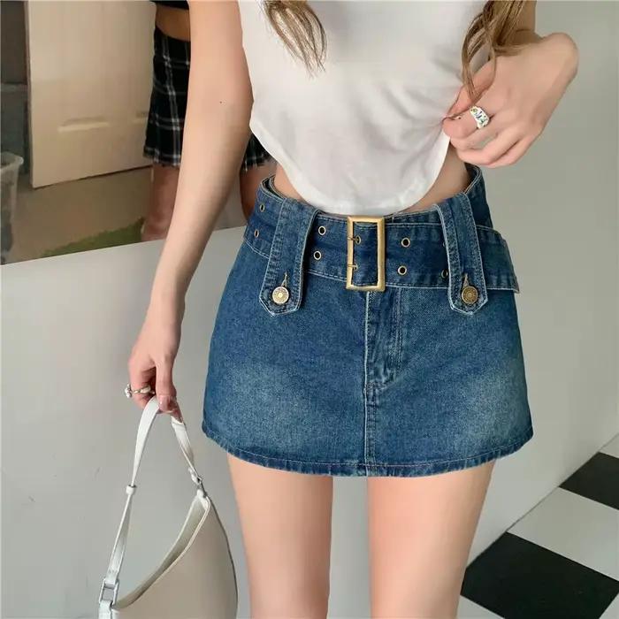 Mini jupe en jean taille haute pour femme, ligne A, blanche, ceinture