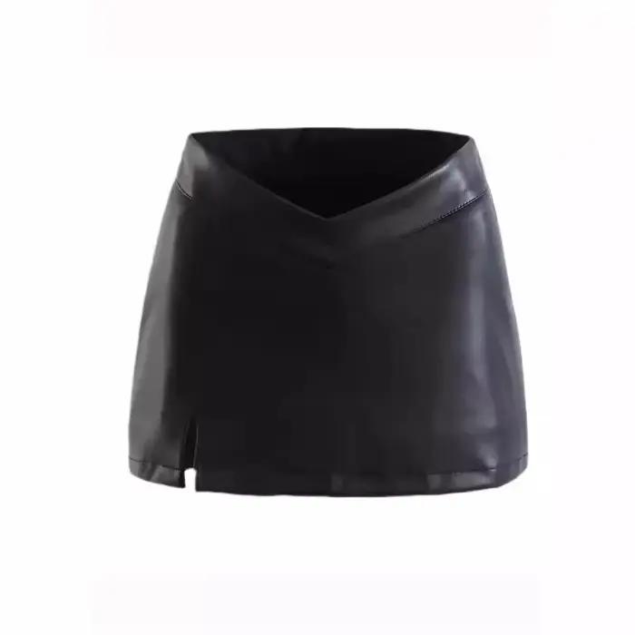 Jupe courte noire sexy taille basse pour femme, en similicuir PU, avec fente latérale et design dos nu, idéale pour l'automne