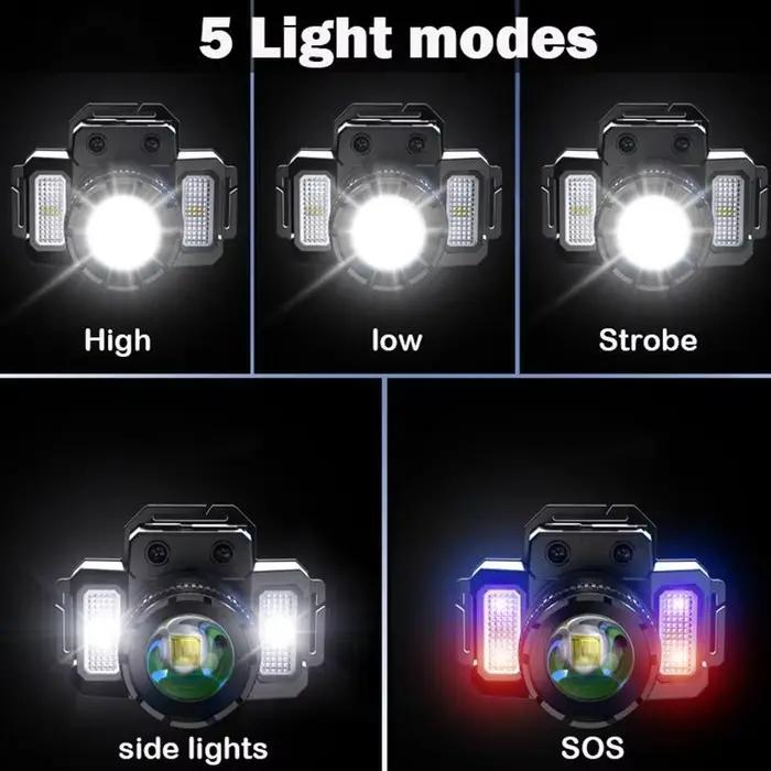 Lampe frontale rechargeable à batterie au lithium, super lumineuse, capteur sport, 5 modes d'éclairage, mise au point réglable, lampe frontale, 1500mah, prise USB