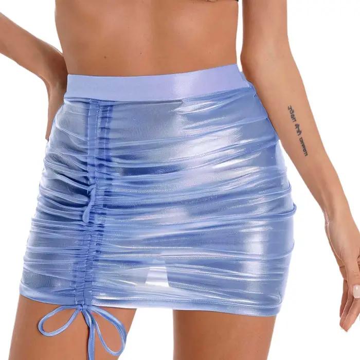 Jupe courte transparente avec cordon de serrage réglable pour femmes, jupe serrée transparente, métallique scintillante, tenue de discothèque, Mini jupe moulante Polyester Organza Design Glamour Occasions Nocturnes