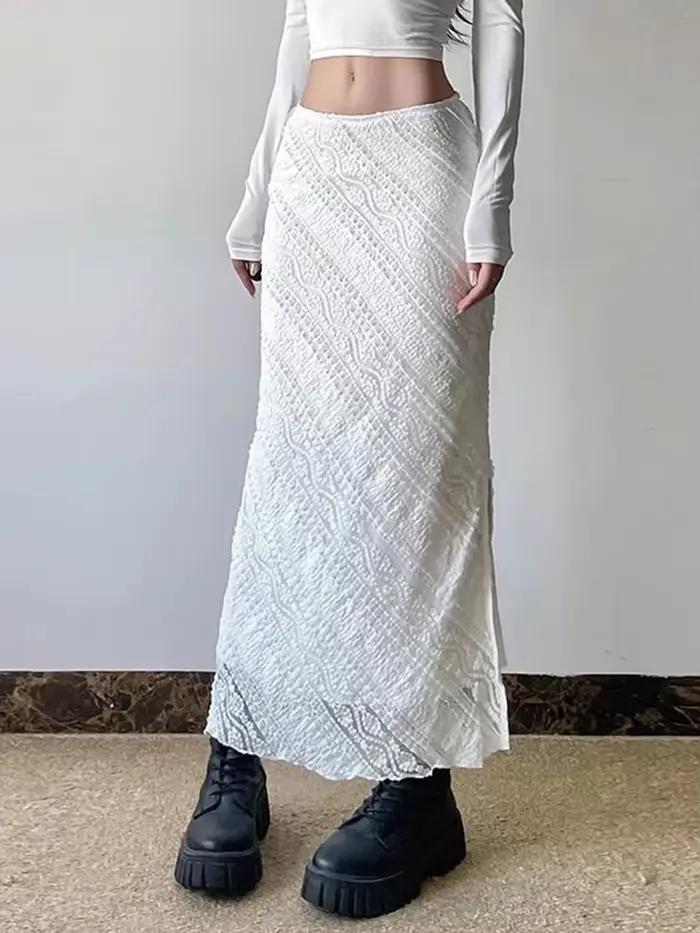 Jupe longue en dentelle blanche élégante pour femmes junior style streetwear vintage été