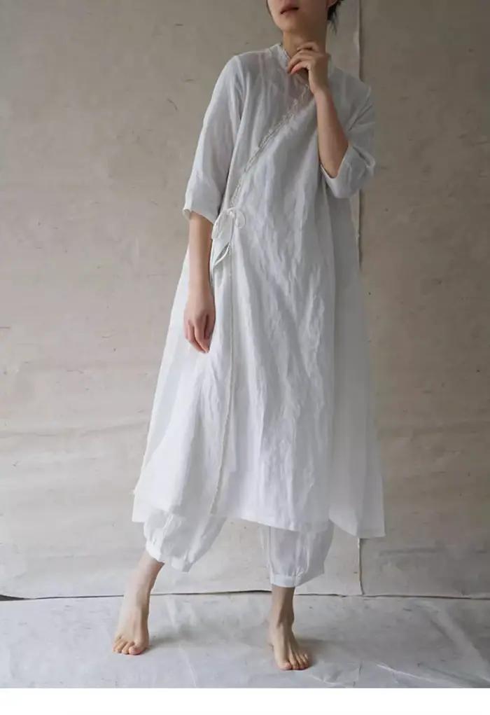 Robe longue en coton et lin de style ethnique 2026, coupe ajustée et dentelle rétro
