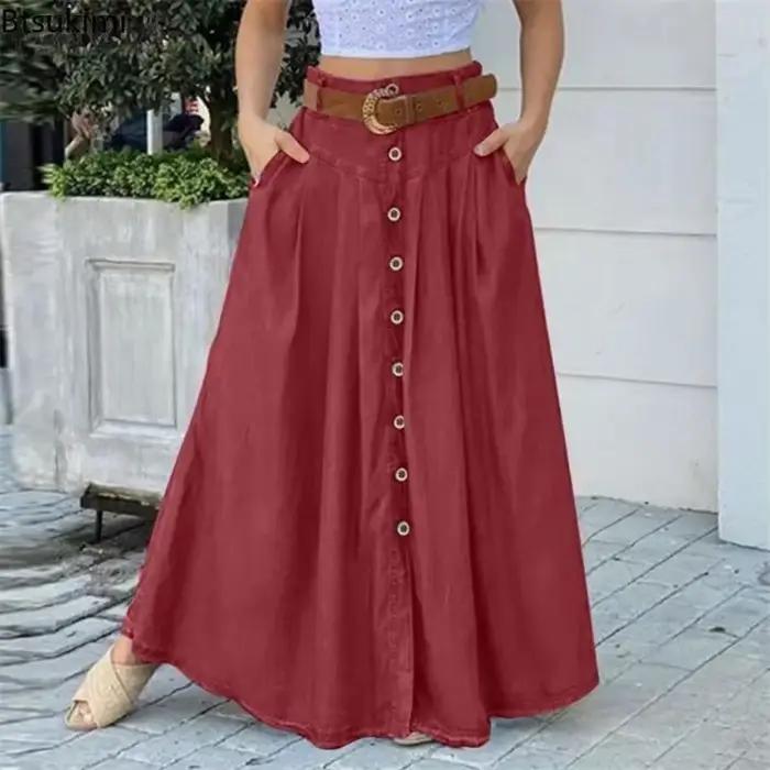 Nouvelles jupes longues 2026 pour femmes, grande taille, printemps-été, robe décontractée boutonnée, jupe taille haute unie, élégante robe de soirée pour femme