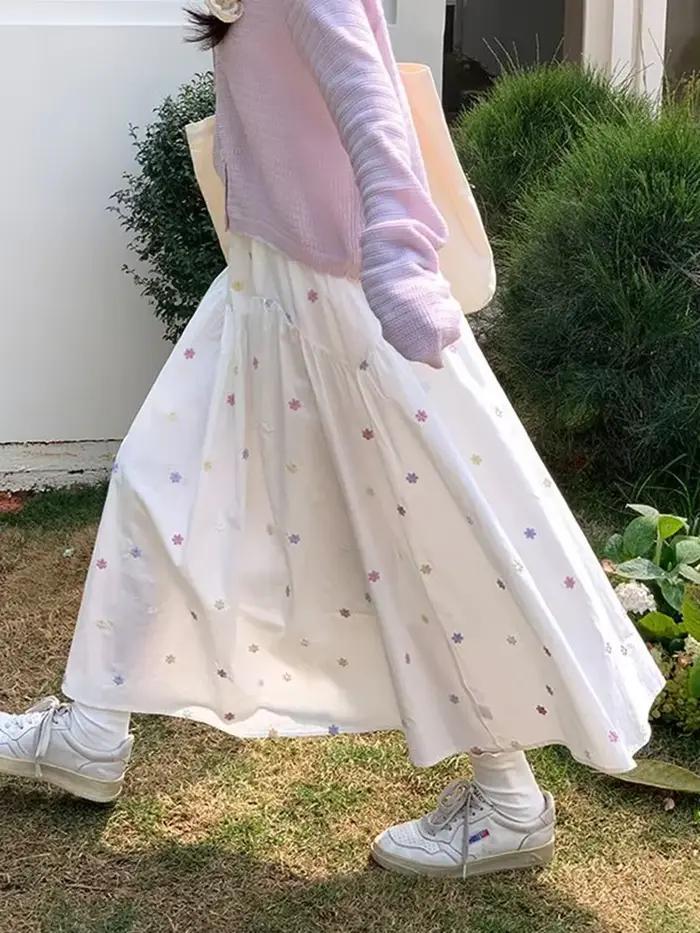 Jupe ample française vintage décontractée fleurie en coton polyester pour femmes soirees officielles printemps été