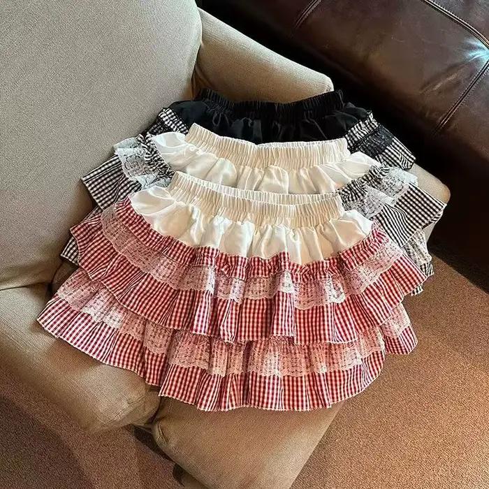 Mini-jupe bouffante à carreaux en dentelle couleur citrouille