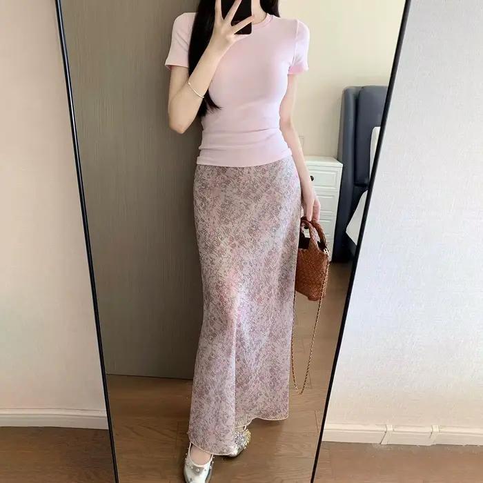 Jupe longue florale taille haute style français, nouvelle collection été 2026, coupe ajustée et élégante