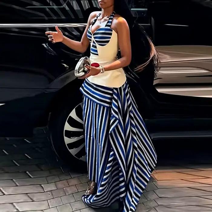 Ensemble jupe haut sexy à col halter et jupe asymétrique en fibre de polyester pour femmes, tenue élégante pour soirées et occasions spéciales