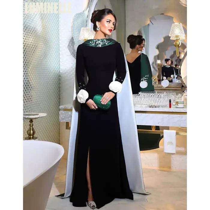 Robes de soirée en satin noir-vert avec perles