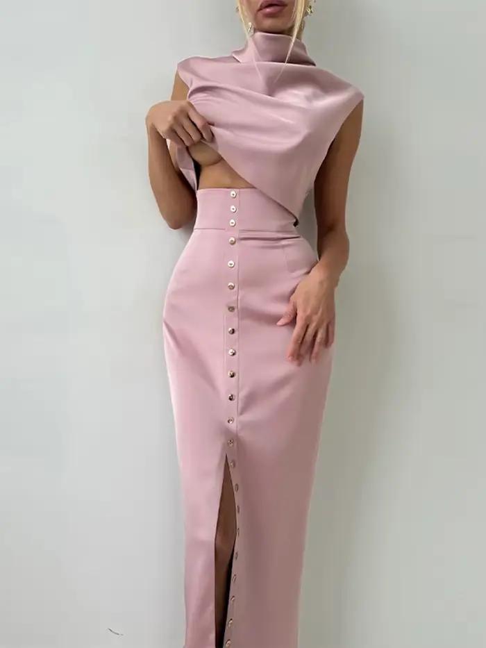 Ensemble de jupes longues en satin hfwomenfz pour femmes, col montant, sans manches, taille haute, fendues, coupe droite, tenues de soirée, printemps 2026