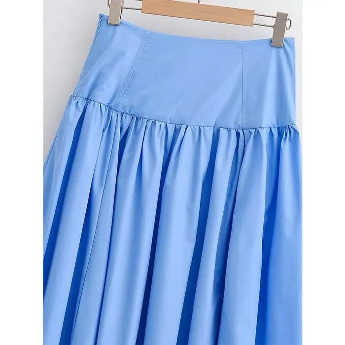 YENKYE Nouvelle jupe plissée bleue taille haute évasée pour femme