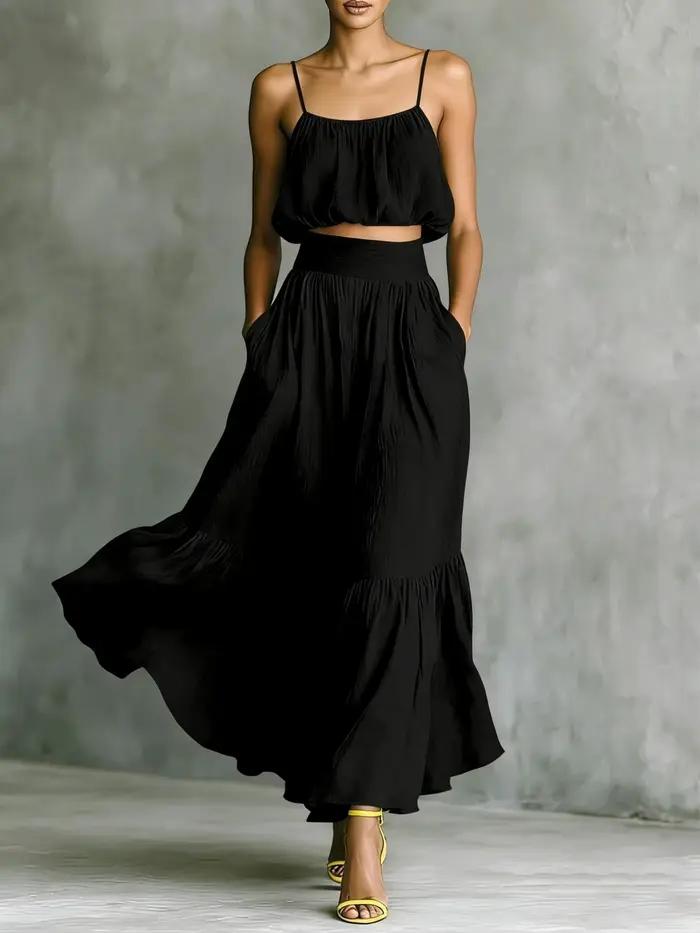 Ensemble jupe midi et haut à col halter pour femme avec large ourlet – Tenue élégante deux pièces