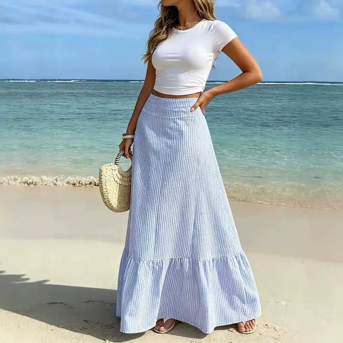 Jupe longue maxi évasée à volants et rayures gingham pour femme