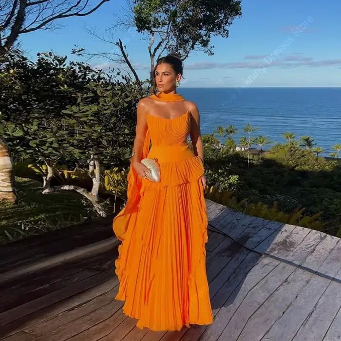 Robe de soirée élégante à volants Orange pour femmes, sans manches, ligne a, robes de bal, de Cocktail, personnalisées