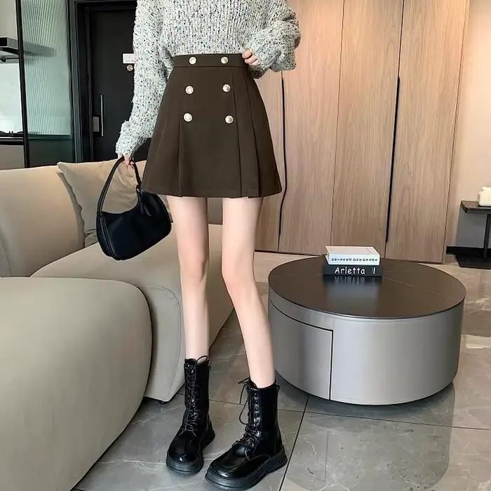 Jupes plissées femmes bouton loisirs concepteur couleurs pures élégant Harajuku Style coréen Faldas BF Vintage tout-match automne hiver