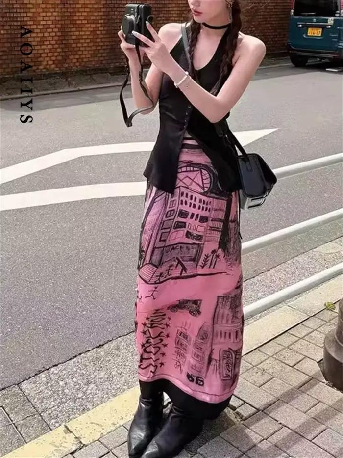 Aoaiiys jupe coréenne femmes Graffiti imprimé motif rose jupes 2026 mode taille haute fente coupe a-ligne