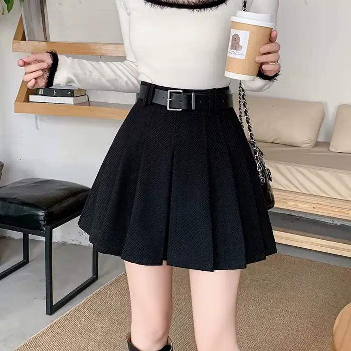 Vintage hiver plissé Mini jupe femmes Streetwear taille haute laine mignon patineuse jupes avec short ceinture gris noir