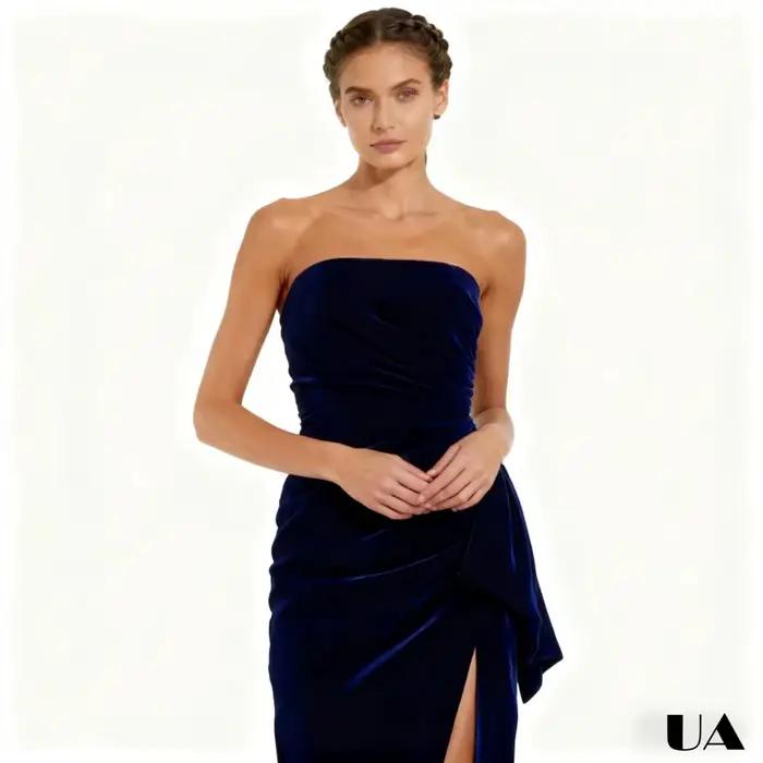 Robe de bal fourreau longue Simple sans bretelles, robe de soirée drapée unie de taille sur mesure, robe de soirée sans manches bleu foncé à fente haute