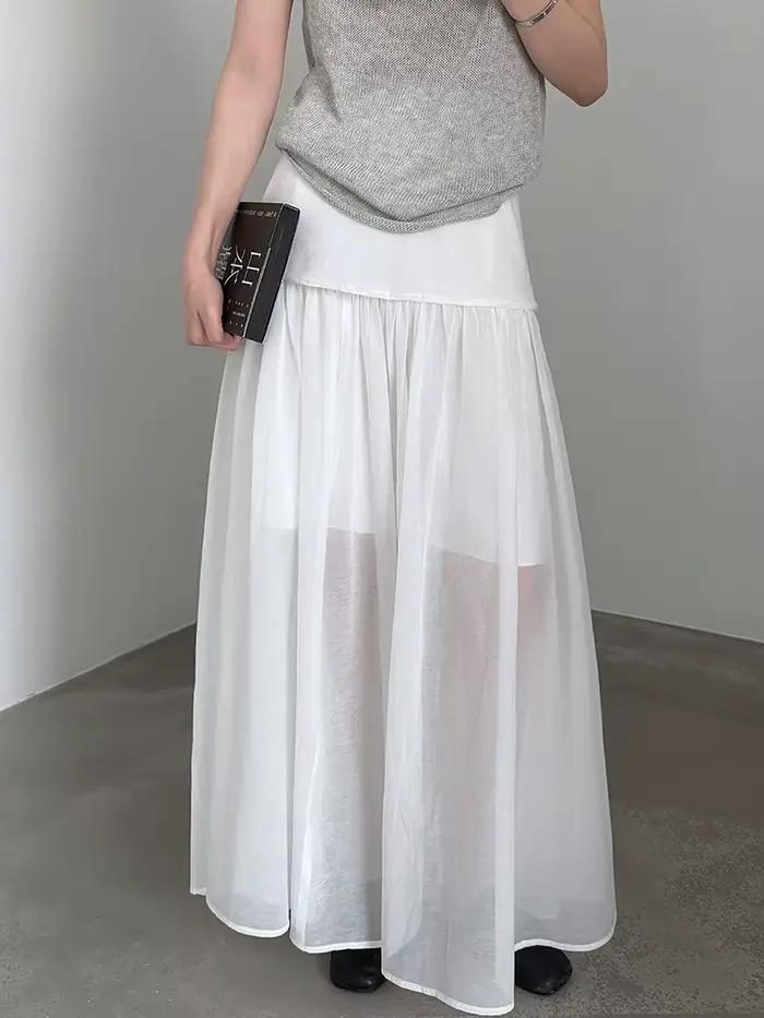 Jupe longue trapèze élégante à taille haute en maille grise et blanche pour femme, nouvelle collection printemps automne 2026, décontractée et polyvalente