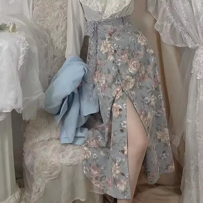 Jupe Femme Vintage Florale Y2K Taille Haute Élégante Boutonnée Décontractée Fendue Sexy Streetwear Été Nouvelle Tendance