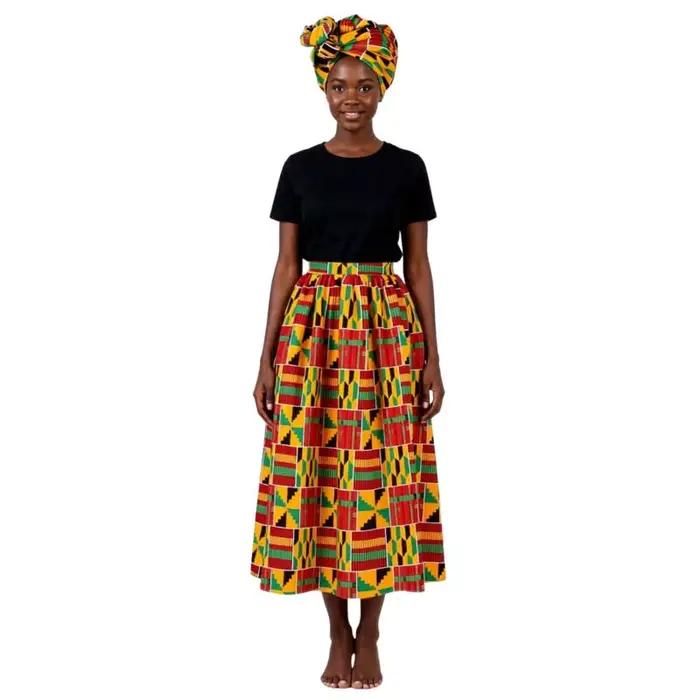Ensemble jupe longue et foulard africain Ankara pour femme, style bohème traditionnel, 2 pièces, idéal pour les vacances d'été et les soirées