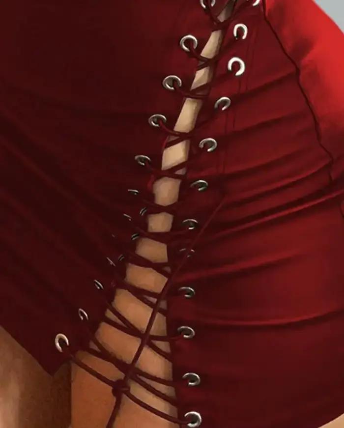 Jupes pour femme 2023 mode d'été taille haute en cuir Pu oeillet Sexy à lacets maigre plaine soirée Mini jupe