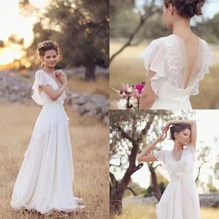 Robe de Mariée Bohème Hippie Personnalisable Plage Dos Nu En Mousseline De Soie Pour Femmes Enceintes Occasions Spéciales