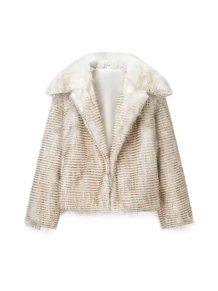Manteau court tendance pour femme, printemps, manches longues, fourrure artificielle, col à revers, décoration rayée, style décontracté, style urbain