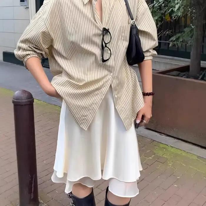 Mini-jupe à pois blancs, style coréen chic d'été, élégante en satin noir, double couche, décontractée, unie, avec fermeture éclair, pour femmes