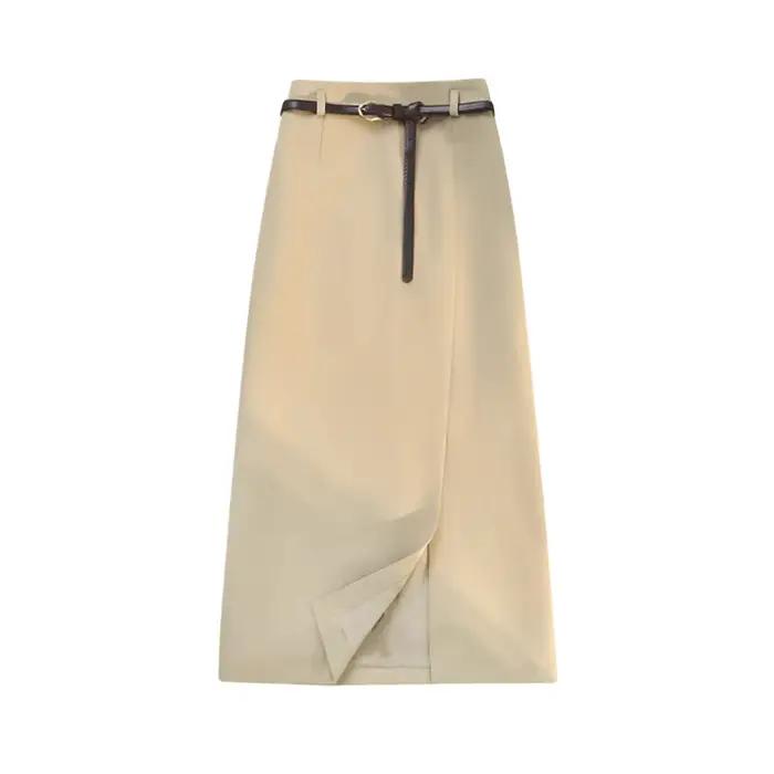 Jupes mi-longues pour femmes vintage, couleur unie, fendue sur le devant, taille haute, polyesters-coton, nouvelles collections printemps été 2024, bureau, ligne a