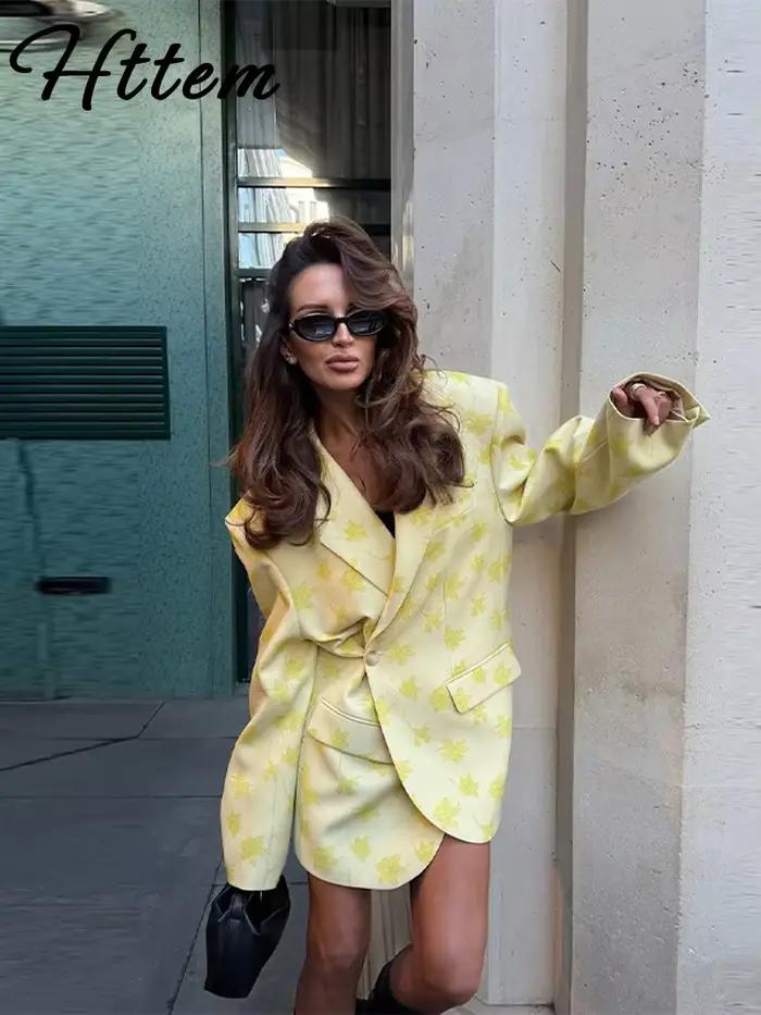 Ensemble décontracté jupe et blazer imprimé pour femme – Manteau élégant à revers et boutons
