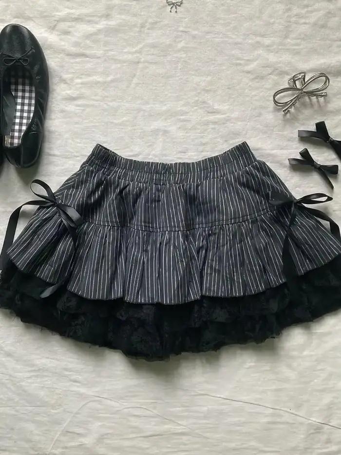 Punk Y2k jupes femmes vêtements Goth Sexy Ropa esthétique rayure taille haute dentelle nœud MIni