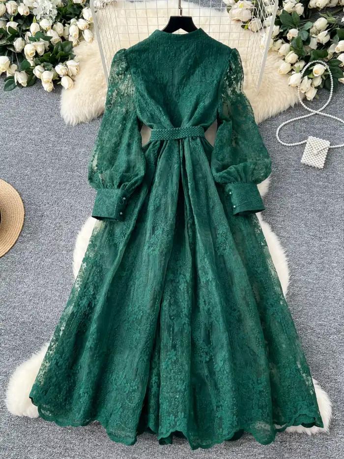 Robe de soirée Smlinan broderie florale polyester longue à manches longues boutonnage simple pour femmes occasions spéciales printemps été