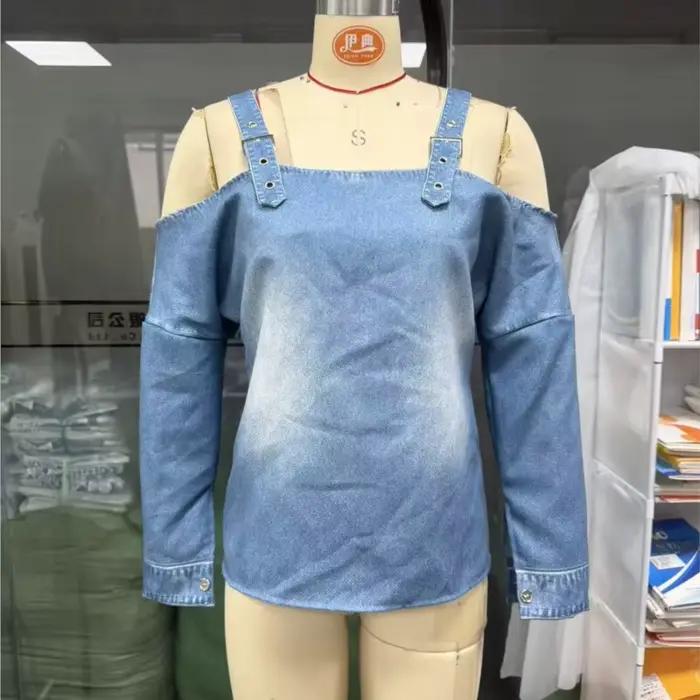 Haut en jean pour femme, élégant, à épaules dénudées, à manches longues avec bretelles, chemise en jean élégante et polyvalente, streetwear pour femme