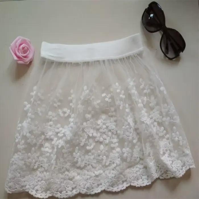 Jupon court taille haute en dentelle transparente brodé de fleurs pour femme
