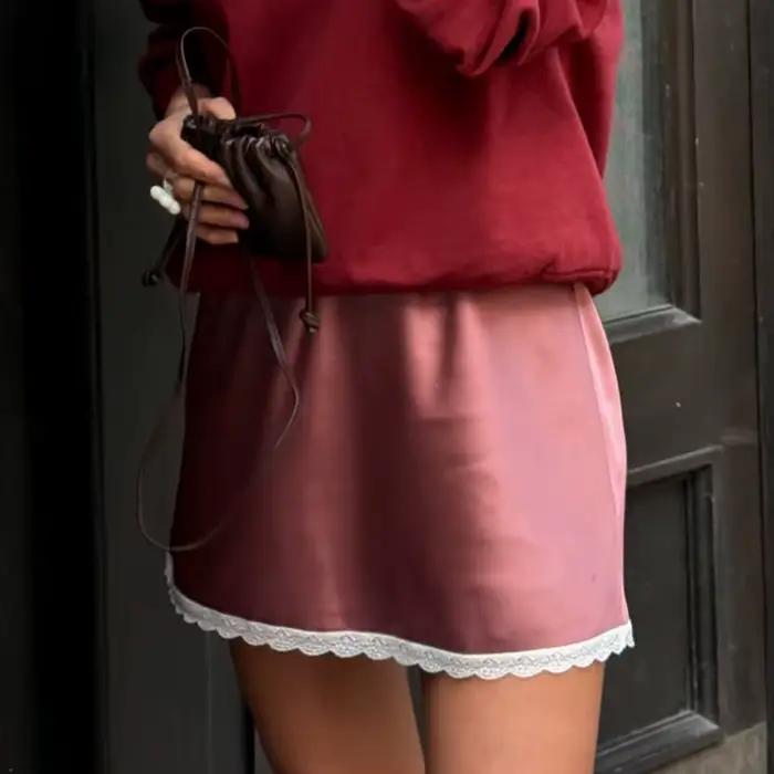 Femmes Sexy taille haute Satin Mini jupe blanc rouge Chic Streetwear été